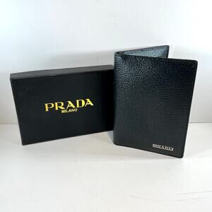 Prada Black Pebbled Leather Vertical Passport Card Holder Silver Prada Logo